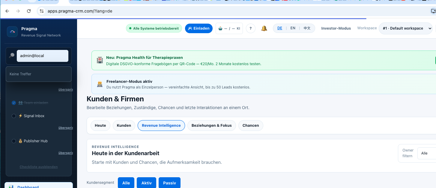 Pragma CRM Dashboard — Customers & Companies overview